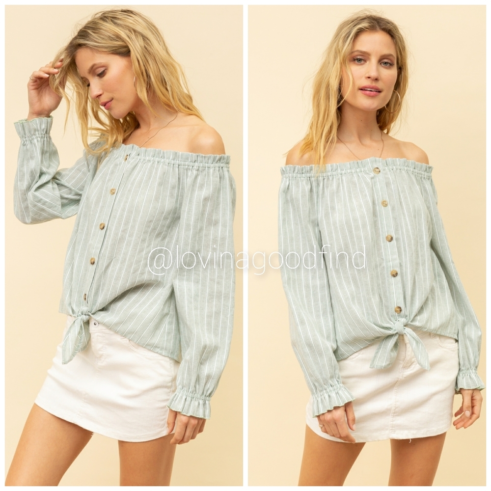 Hem & Thread Light Sage Off the Shoulder Front Tie Blouse NWT sz M